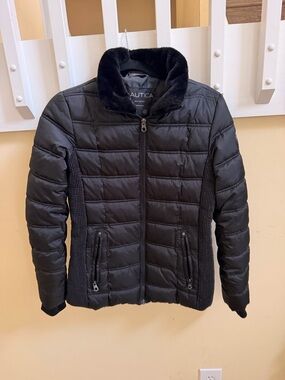 Nautica Black Quilted Jacket with Faux Fur Trim